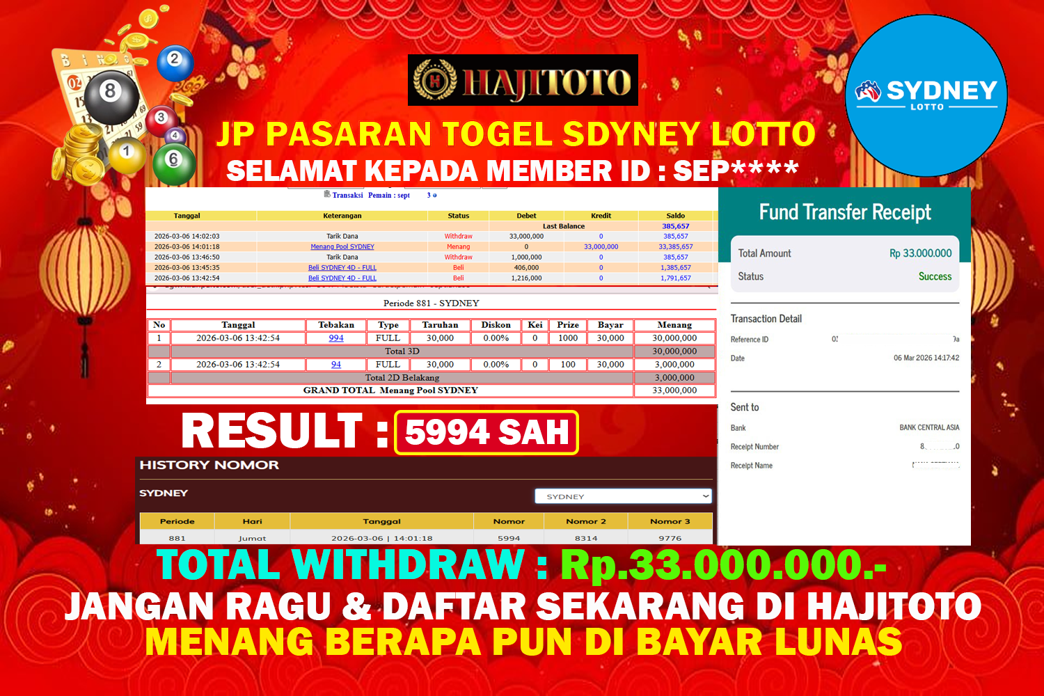 SELAMAT KEPADA PEMENANG MEMBER MERAIH JACKPOT DI TOGEL PASARAN SDYNEY LOTTO TOTAL RP 33.000.000 DI BAYAR LUNAS